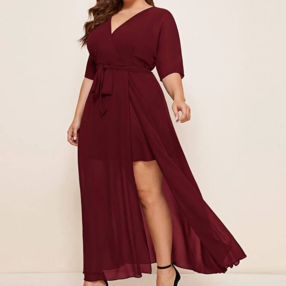 Womens Self-Belted Bat Sleeve Wrap Dress